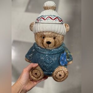 Ceramic Bear Cookie Jar with Blue Sweater